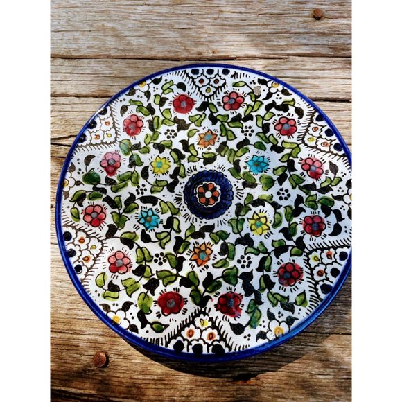 Vintage Stoneware tea trivet Hot Plate Blue floral Hand Painted - Picture 4 of 11